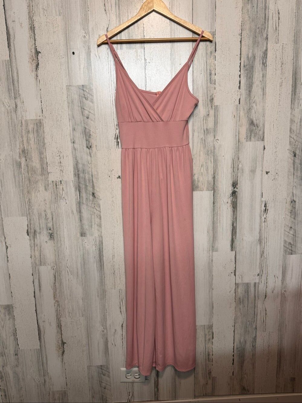 Dusty Rose Pink Ribbed Knit Surplice Wide Leg Jumpsuit with Pockets Womens Large